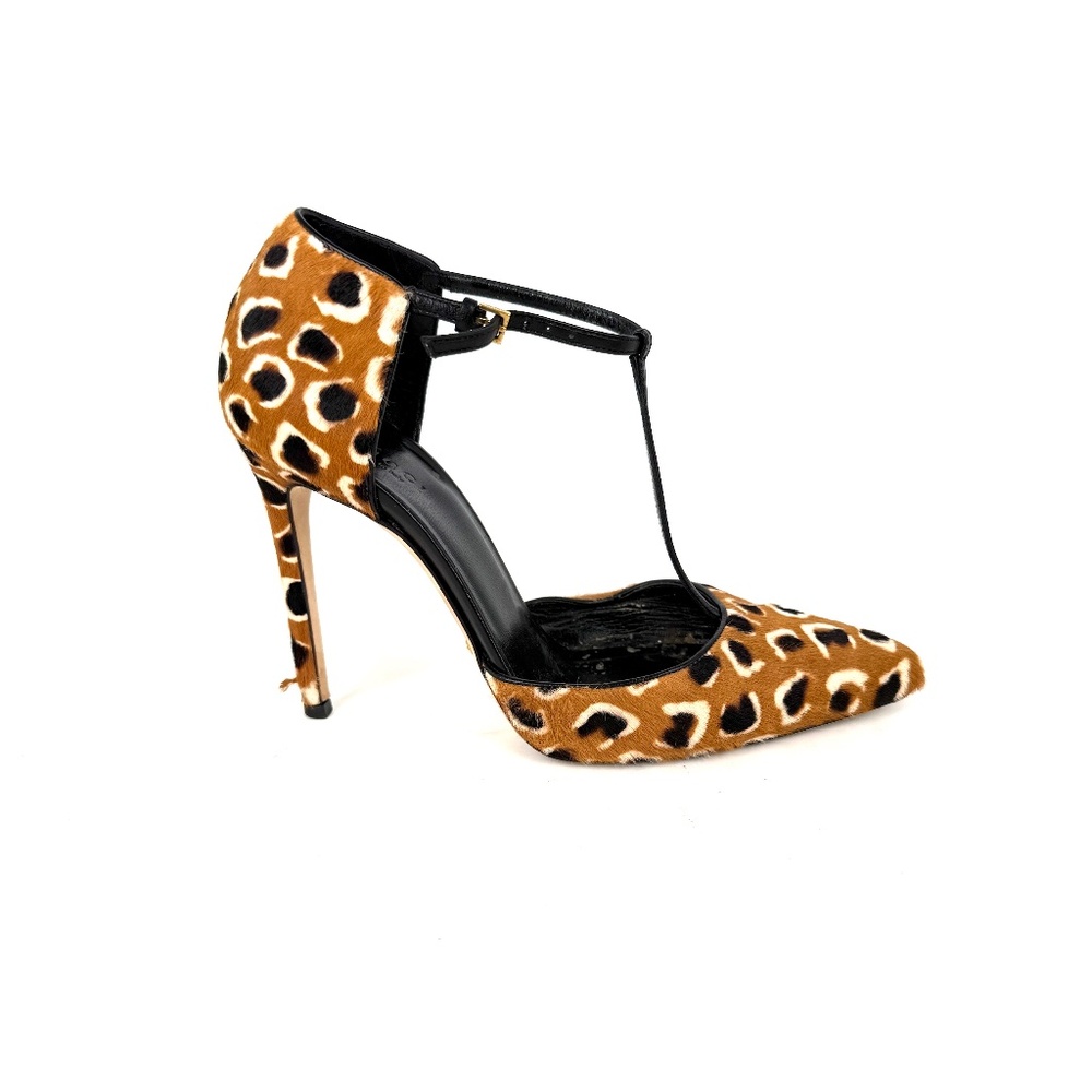 GUCCI Ponyhair Classic Tobacco Brown Black T Strap Pumps Heels 37.5, 7.5